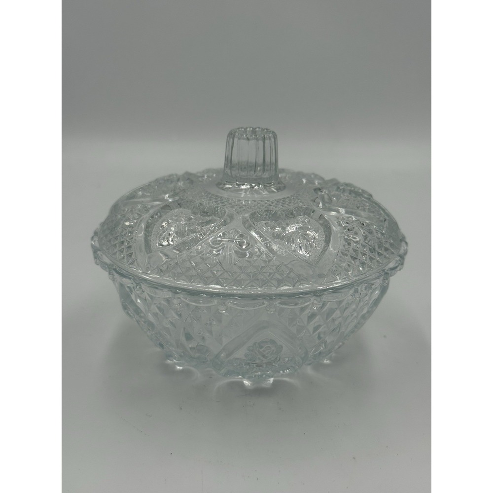 Vintage‎ KIG Malaysia clear pressed glass candy dish with lid roses in hearts
